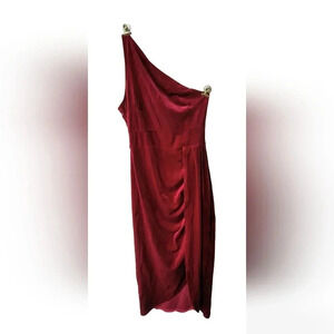 Women's One Shoulder Sexy Stretchy Maroon Christmas Holiday Party Velvet Dress S